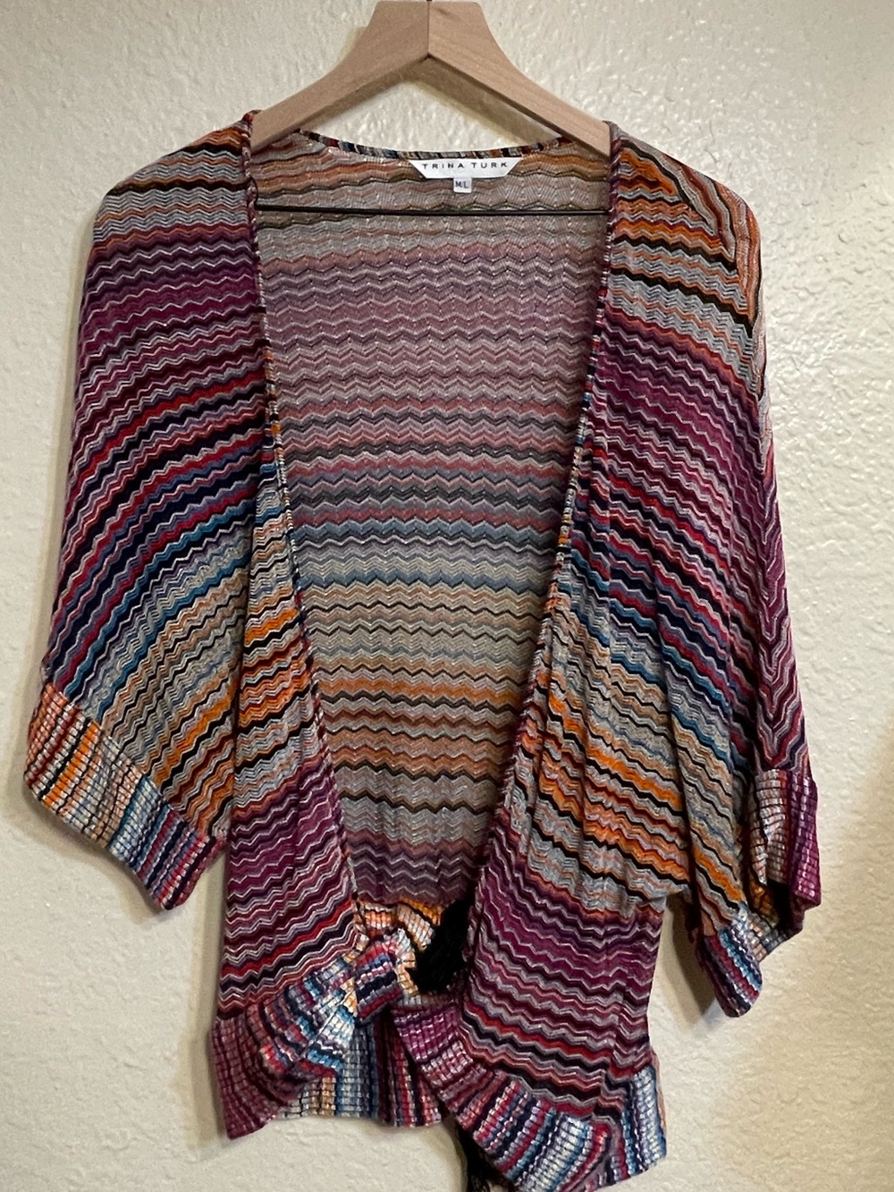 Trina Turk Multicolor Zigzag Open Front Knit Shrug